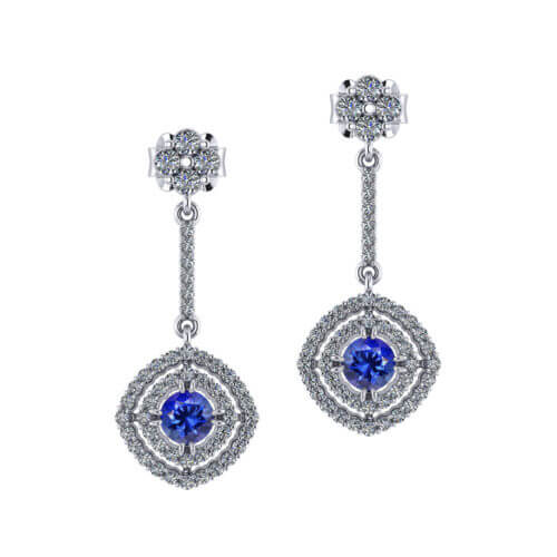 Double Halo Dangle Sapphire Earrings