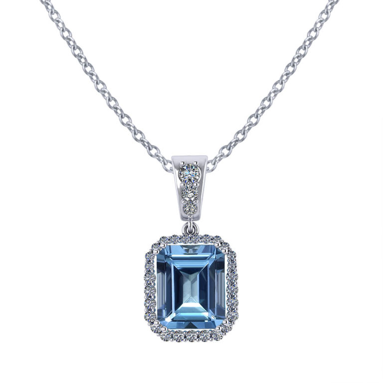 Halo Emerald Cut Blue Topaz Pendant - Jewelry Designs